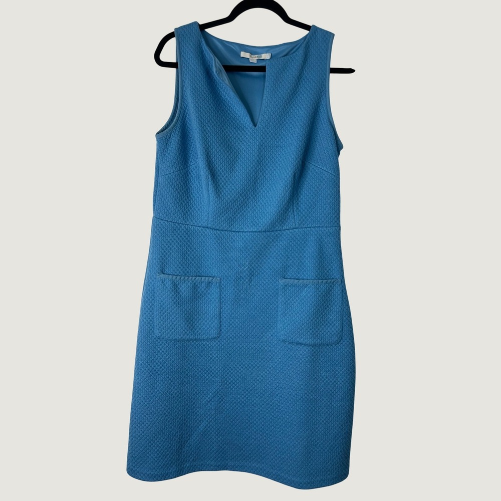 Boden Day Dress Womens 12L Blue Textured Honeycomb Sleeveless Pockets Midi Shift
